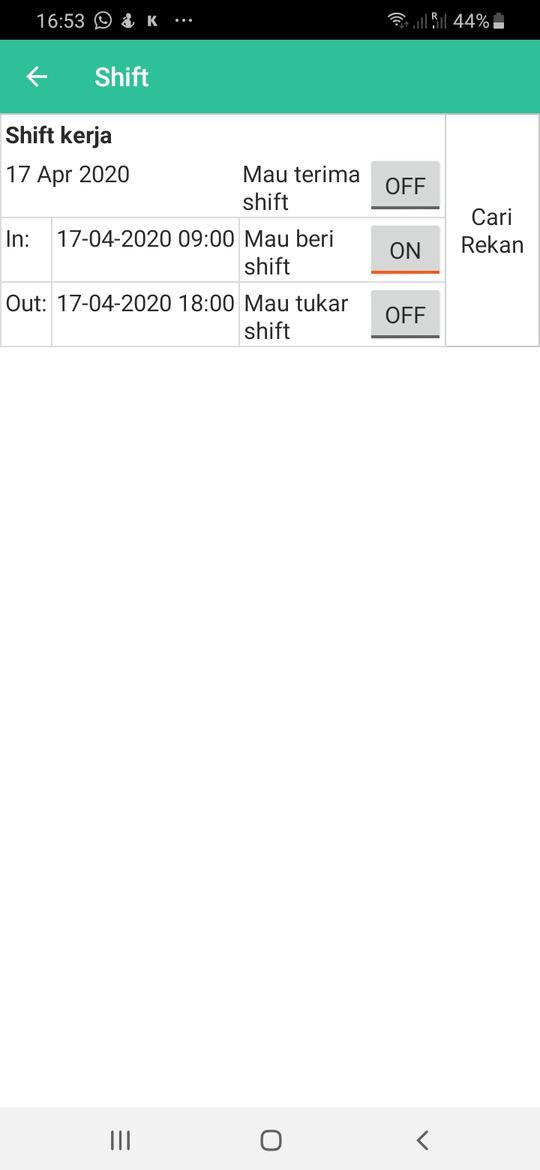 Layar manajemen shift Kopoka